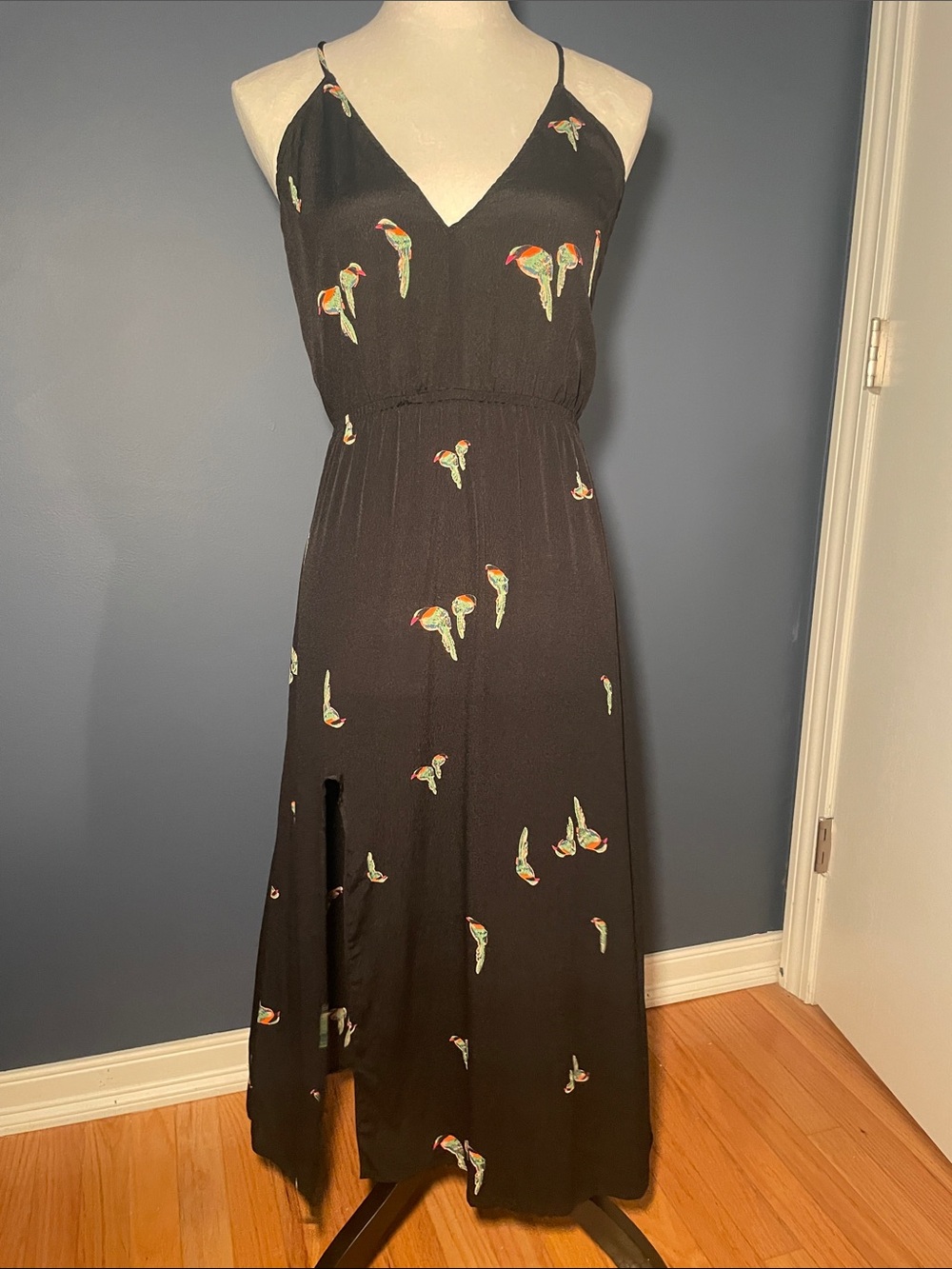 Reformation Black Maxi Slip Dress with Multicolor Toucan Print